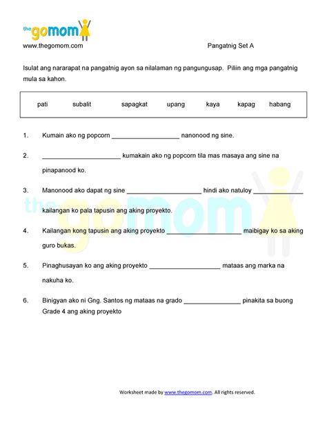 Mga Pangatnig: 60+ Examples and Worksheets for Grades 1.